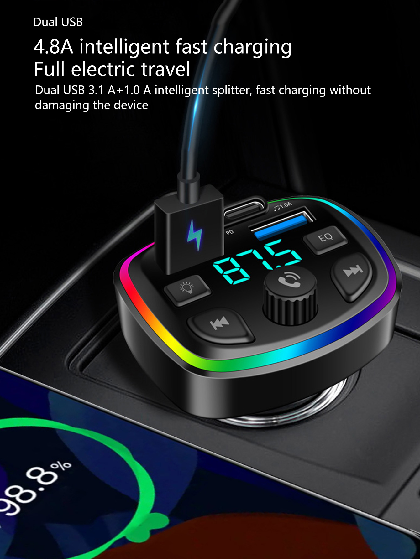 Car Bluetooth MP3 Player, Hands-free Calling with Voice Announcement, PD Fast Charging USB Flash Drive