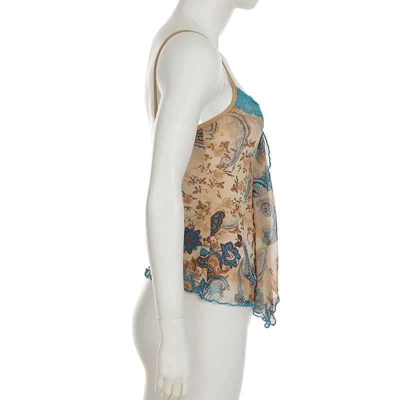 Retro womens summer contrasting print spaghetti strap irregular pleated vest sexy ultra-thin backless lace patch work vest topXJ250508