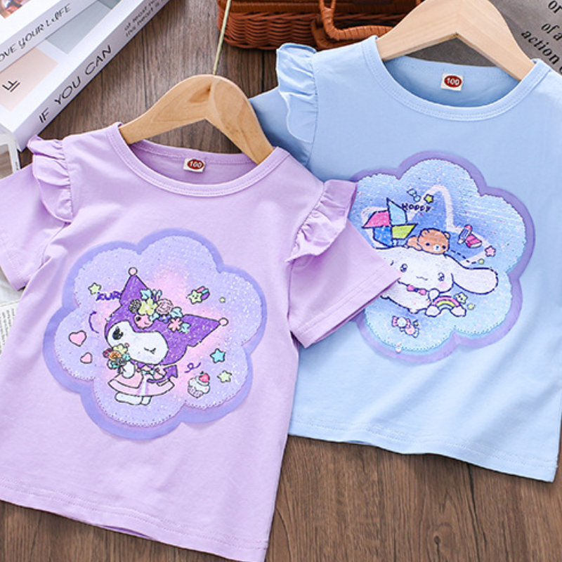 DISNEY Frozen Princess Elsa kids designer clothes Girl summer short-sleeved T-shirt double-sided color-changing sequins children thin cotton top.