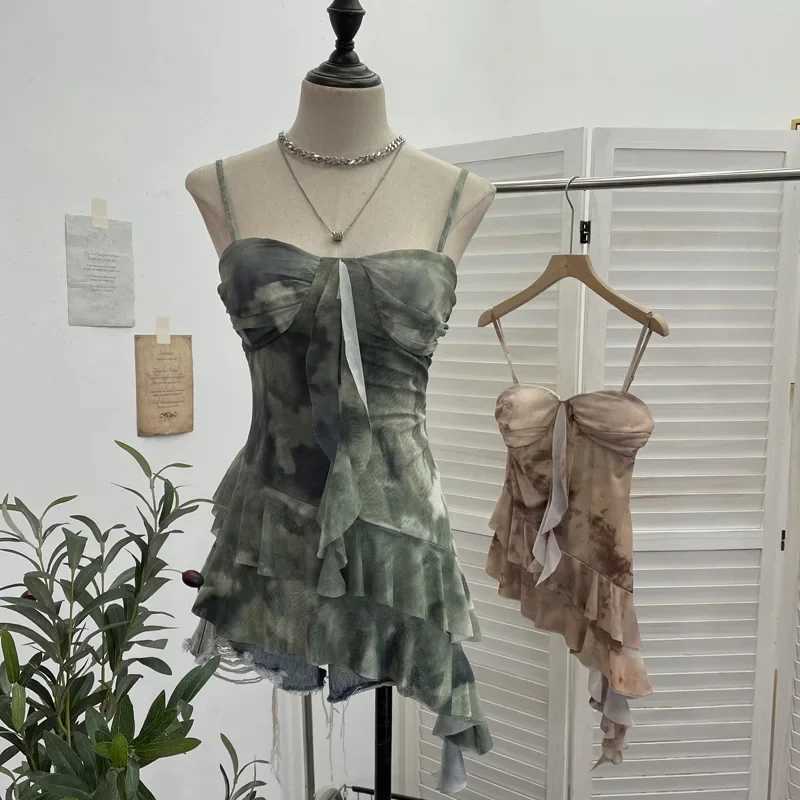 New Womens Smudged Mesh Spaghetti Strap Camisole With Breast Pads Irregular Ruffled Top Y2k Essential Streetwear Outfits 1139XJ250508