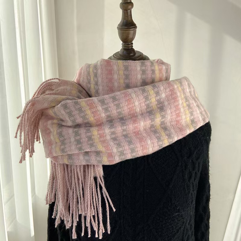 T669 scarf women's autumn and winter new Korean version color plaid student warm thickened neck cashmere tassel shawl