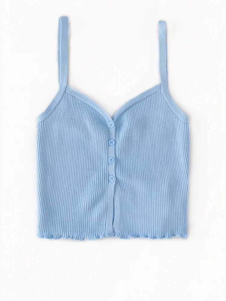 Button Front Cami Tops Lettuce Hem Strappy Ribbed Knit Camisole Women Teengirl Crop Tops 2024 Summer Basic OutfitXJ250508