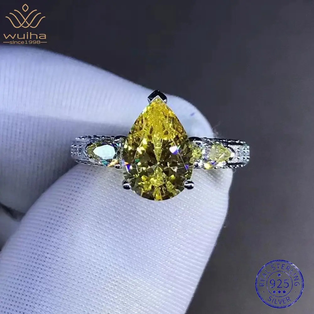 WUIHA Real 925 Sterling Silver 3EX Pear 2CT VVS Yellow Sapphire Synthetic D Ring for Women Gift Drop 250509
