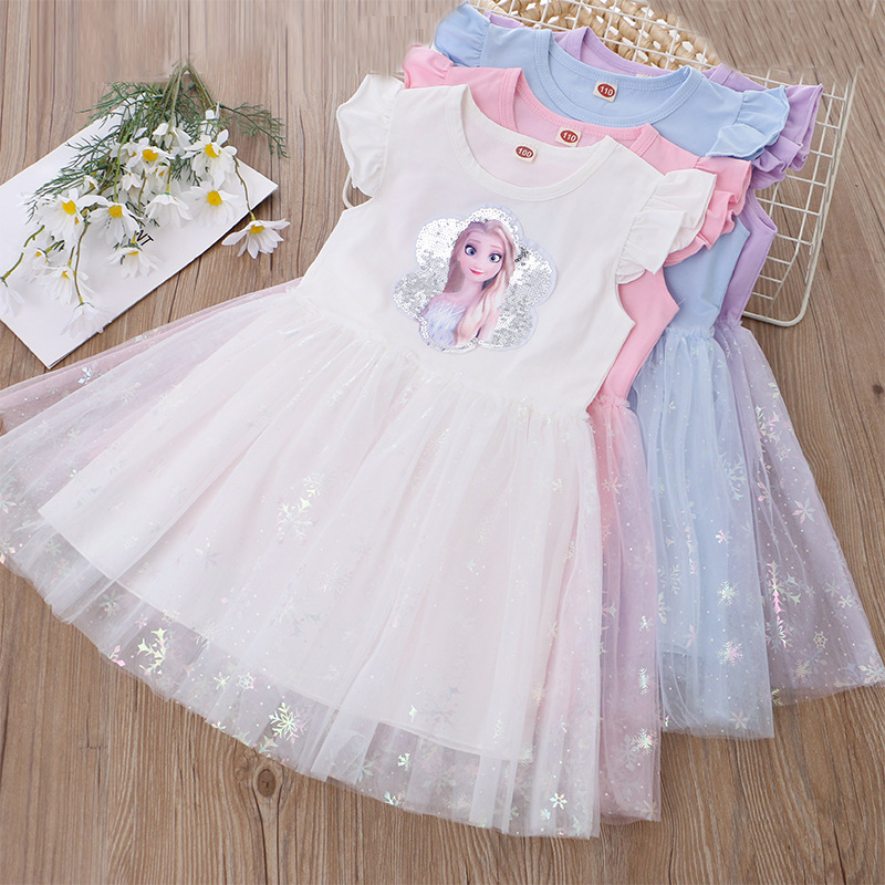 DISNEY Frozen Princess Elsa kids designer clothes toddler designer clothes Summer children clothes girl dress with flying sleeves and sequins cartoon 