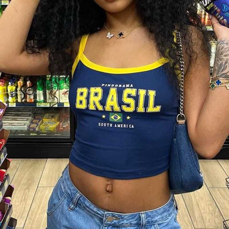 Gothic Vintage Aesthetic Brasil Print Camisole Tops Casual Slim Sexy Girl Fashion Womens Wear Y2K Harajuku Crop Top CamisXJ250508