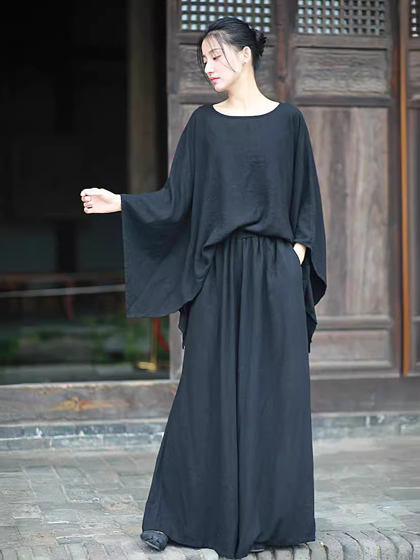 MM220 Retro women's clothing Zen sand-washed linen top wide-leg pants literary and cool style