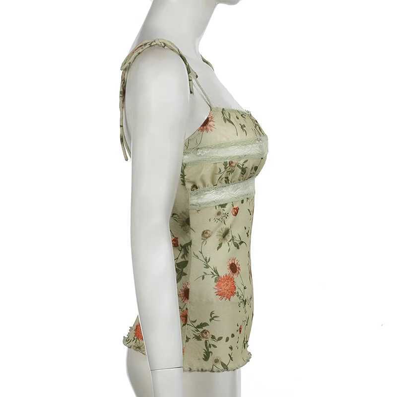 BIIKPIIK Vintage Floral Printed Lace Tank Tops Y2K Retro Bandage Backless Women Camisole Summer Slim Fit Vests Mori Girl OutfitsXJ250508