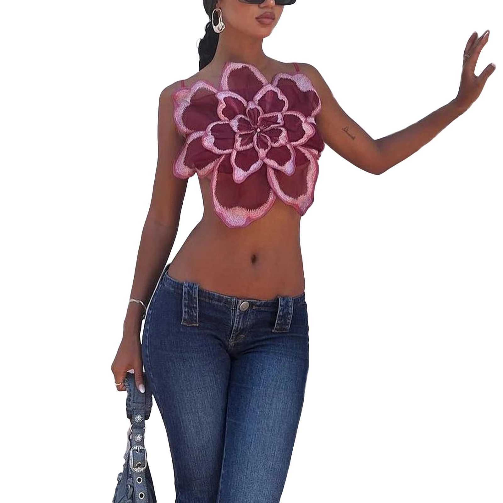 Womens Aesthetic 3D Flower Spaghetti Strap Crop Cami Summer Sleeveless Backless Camisoles Y2k Going Out Party Shirt StreetwearXJ250508