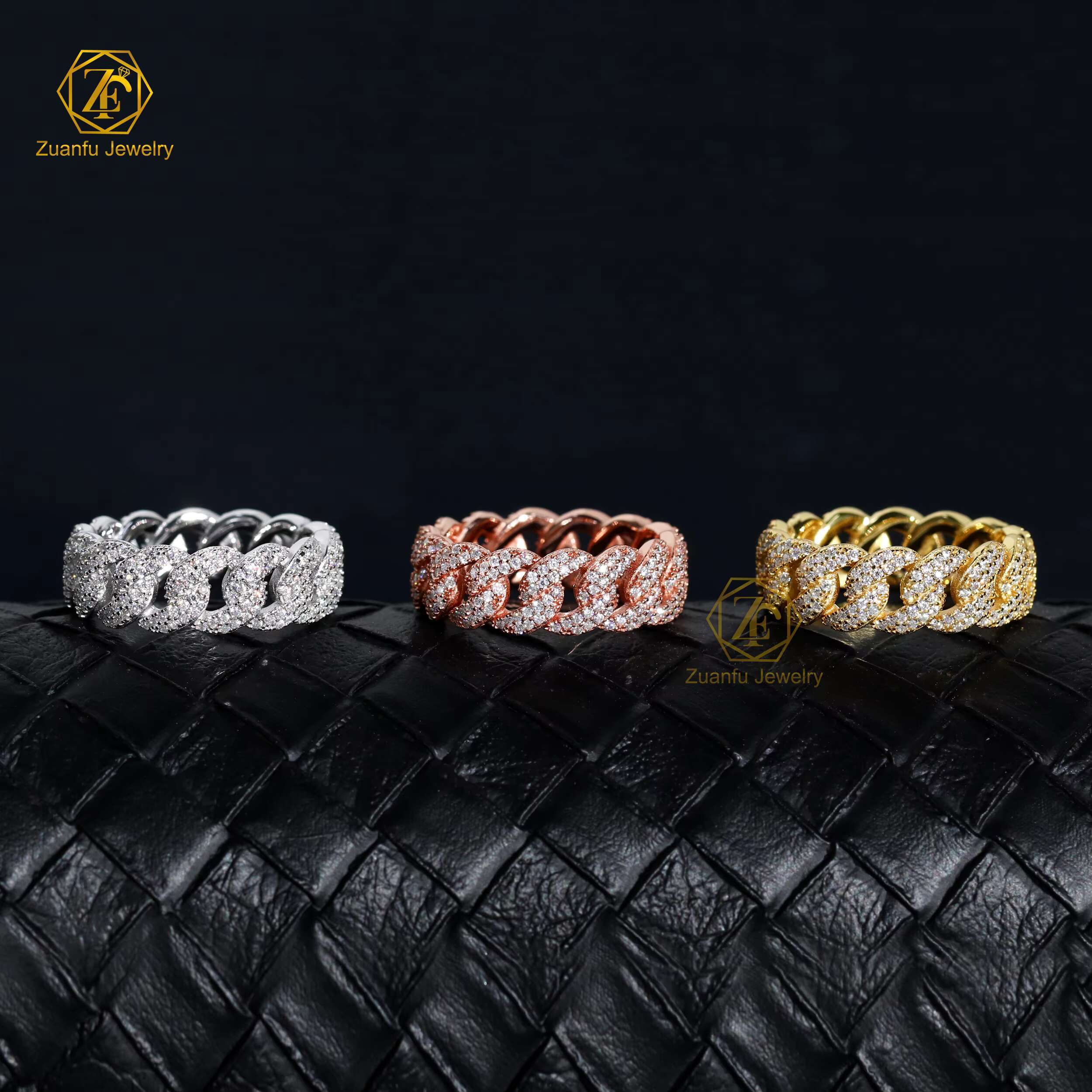 Hiphop Jewelry 2 Rows 7mm Width Cuban Link Ring 925 Silver Moissanite Diamond Ice Out Rapper Men Ring