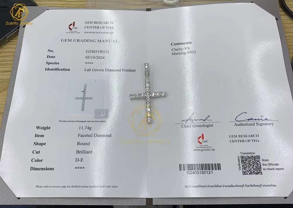 Custom Jewelry White Gold Plated 925 Sterling Silver DEF VS 5MM Lab Grown HPHT Diamond Cross Pendant for Necklace