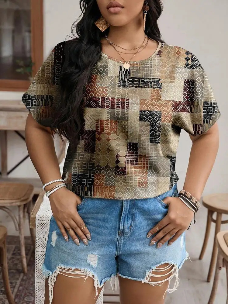 2024 SpringSummer Womens Plus Size Fashionable Printed Round Neck Tshirt 250430