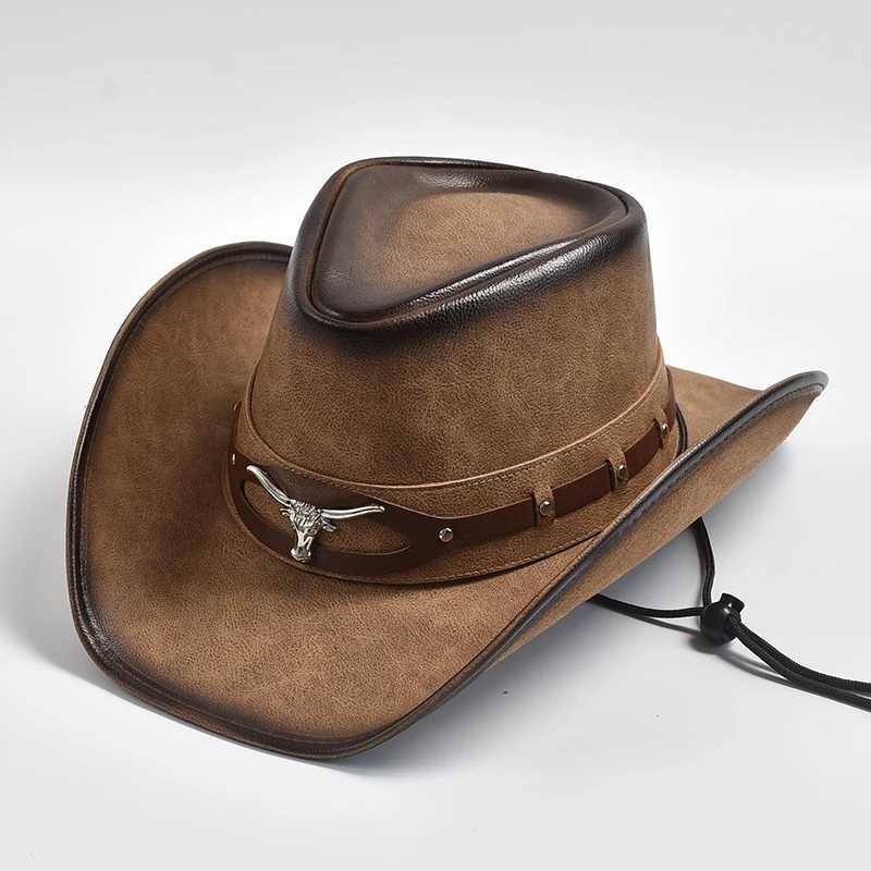 New 100% Leather Western Cowboy Hat Men Wide Brim Gentleman Church Jazz Cap Cowgirl Hats Mens HatXJ250509