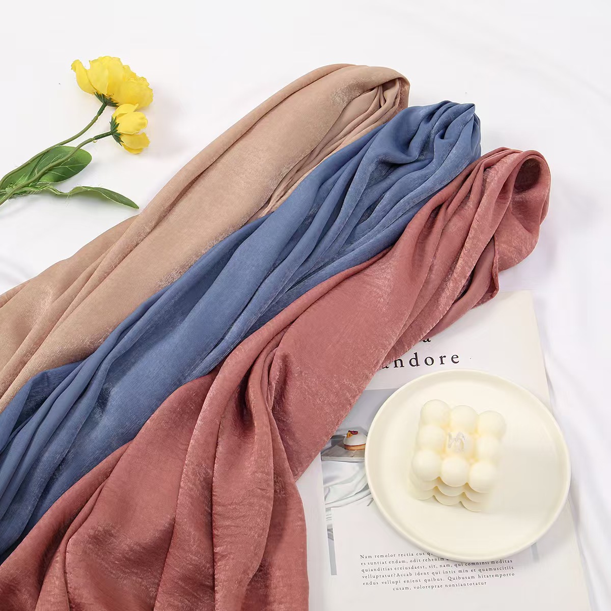 T668 solid color ladies polyester wrinkled satin long scarf soft and versatile head scarf spring summer autumn light breathable shawl