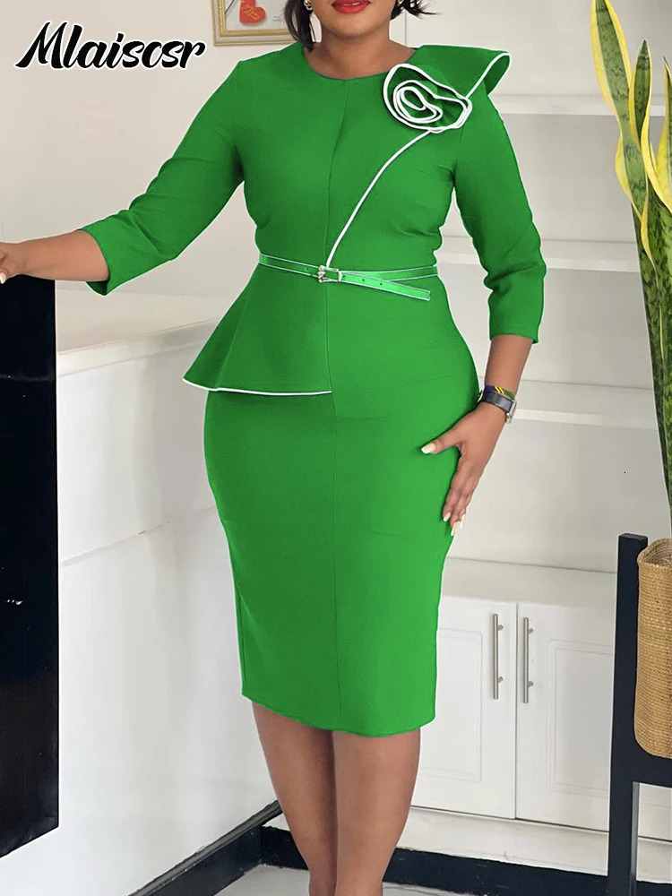 Mlaiscr Fashion African Medium Belt Womens 3D Flower 34 Sleeve ONeck Party Evening Office Women Bodycon Vestidos 250427