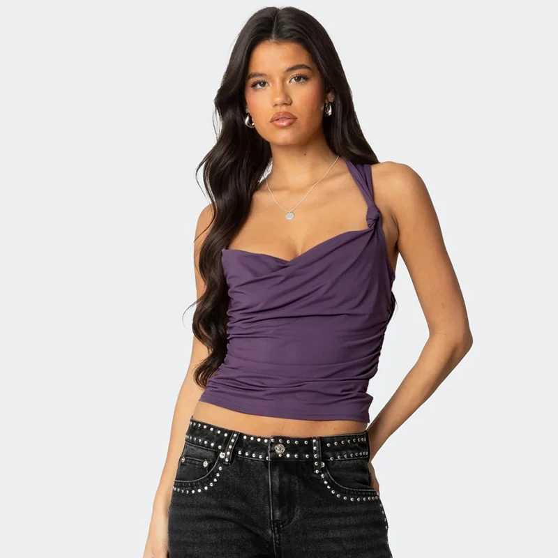 CUTENOVA Solid Color Hottie Girls Low Cut Tank Top Pleated Cross Backless Hollow Out Short Camisole Tank Top Womens Summer NewXJ250508
