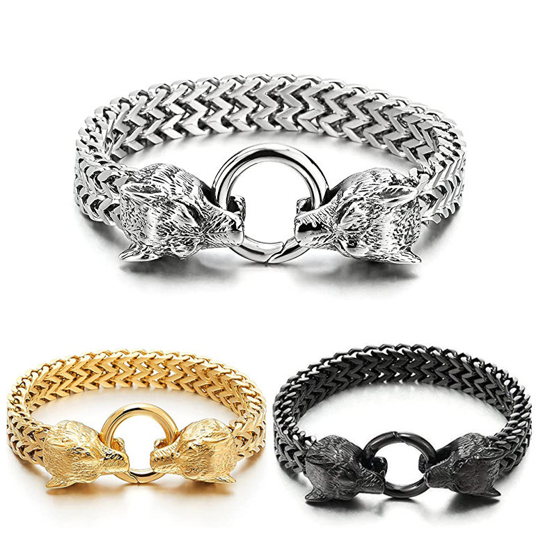 Xinghe Hip Hop Stainless Steel Chain Bracelet, Personalized Viking Dominance Wolf Head Bracelet