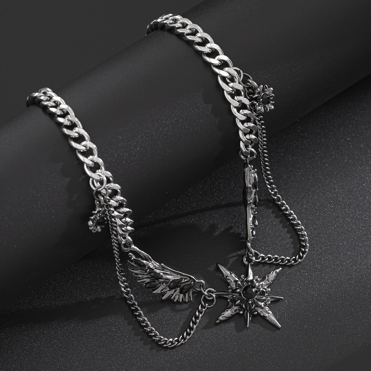 England Hip Hop Geometric Octagonal Star Wing Pendant Choker Necklace Goth Stainless Steel Chain Grunge Jewelry Steampunk Men 250509