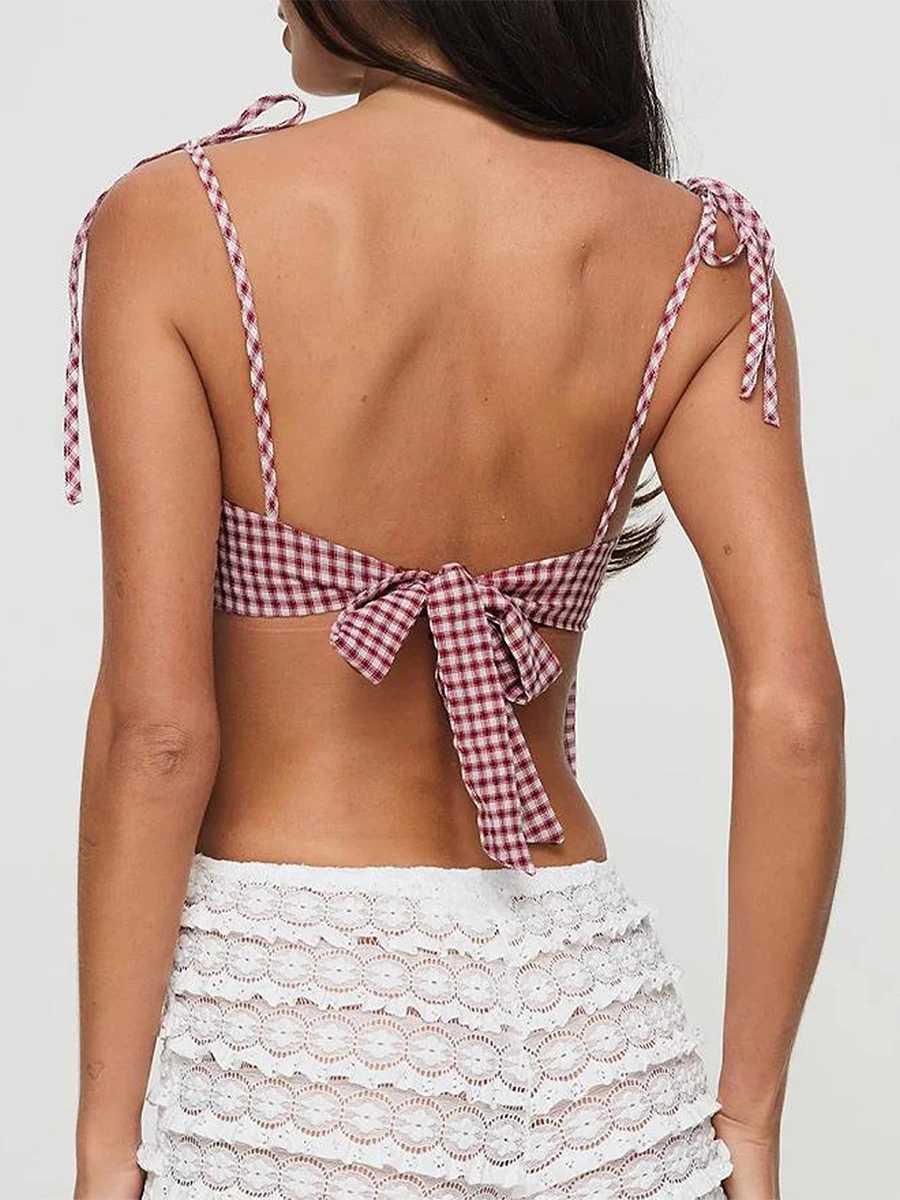 Y2k Plaid Crop Camisole Summer Kawaii Backless Bow Tie Straps Tank Tops For Women Sleeveless Casual T-Shirt StreetwearXJ250508