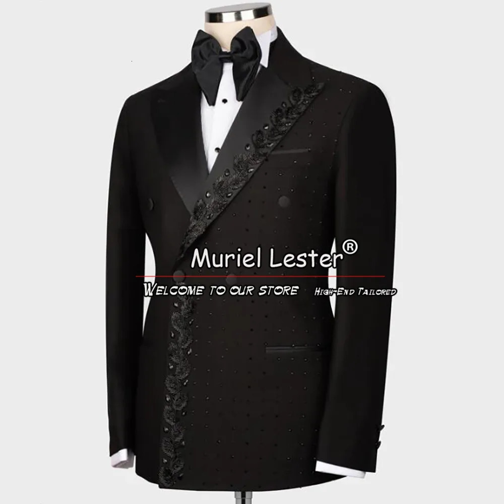 Wedding Suits Double Breasted Blazer Pants 2 Pieces Groom Tuxedos Crystals Beads Mens Dress Customized Man Clothing 250506