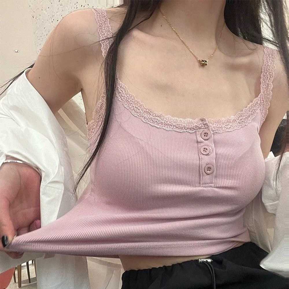 Solid Color Knit Tank Top Vest Women Sexy Lace Camisole With Chest Pad Crop Tops Sleeveless T Shirt Female Slim UndershirtXJ250508