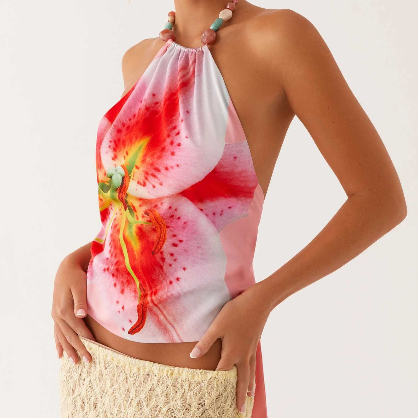 Women Floral Halter Crop Tops Sexy Cami Tops Female Slim Tie-up Open Back Camisoles Summer Female Sleeveless StreetwearXJ250508