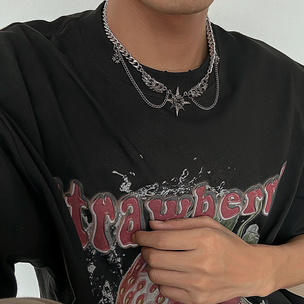 England Hip Hop Geometric Octagonal Star Wing Pendant Choker Necklace Goth Stainless Steel Chain Grunge Jewelry Steampunk Men 250509