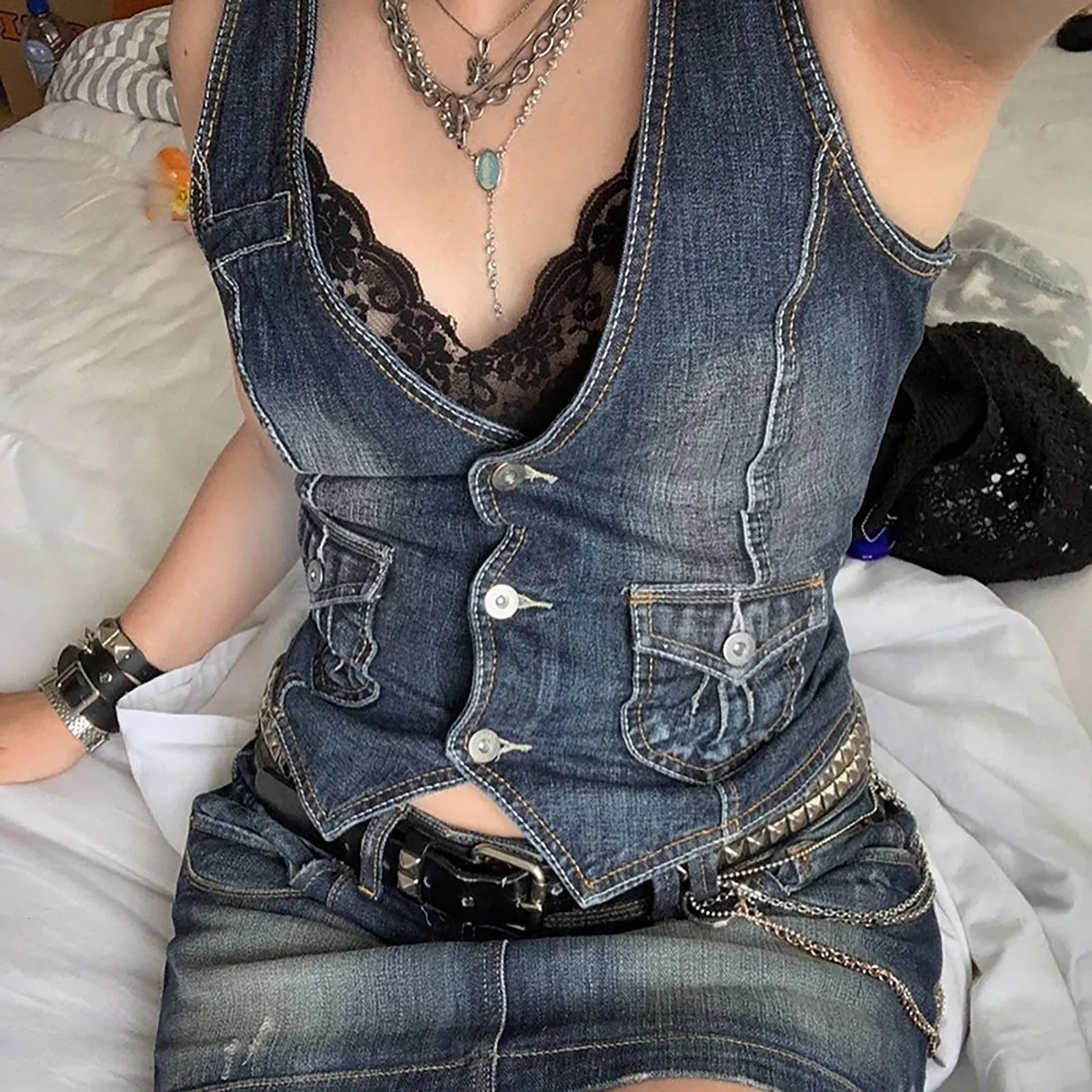Retro womens denim jacket vest Korean fashion sleeveless short sleeved waist streetwear shoulder chic top 250430Z