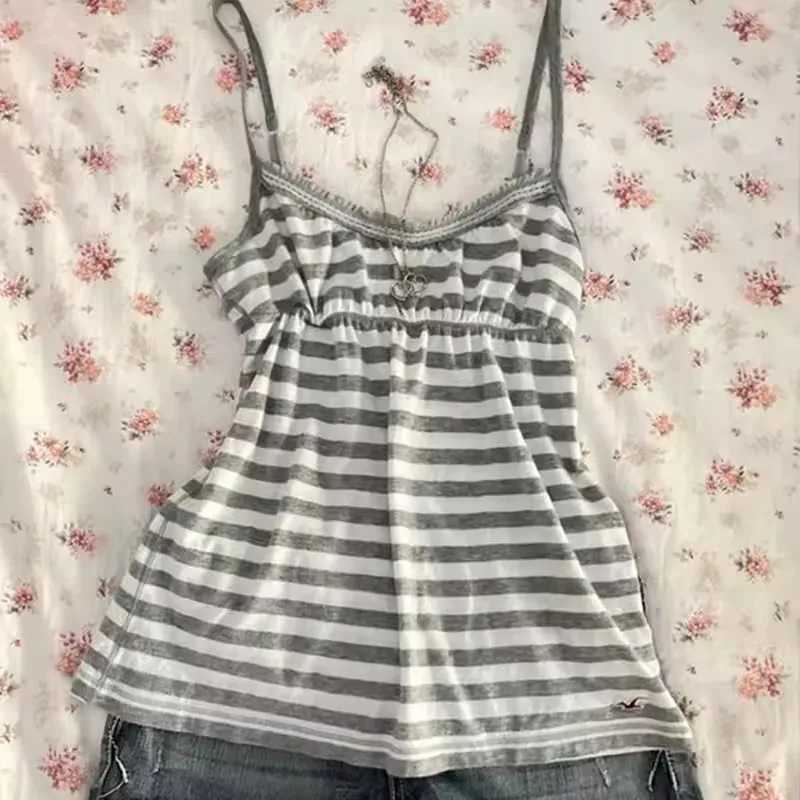 Y2k solid color vest striped tie high street print punk hot girl hip-hop street wear camisole top Grunge Goth retro camisole topXJ250508