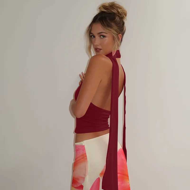 Womens Sexy Backless Low Cut Out Scarf Crop Tops Summer Trend Sleeveless Bandage Deep V-Neck Tank Tops Y2K Streetwear Basic VestXJ250508