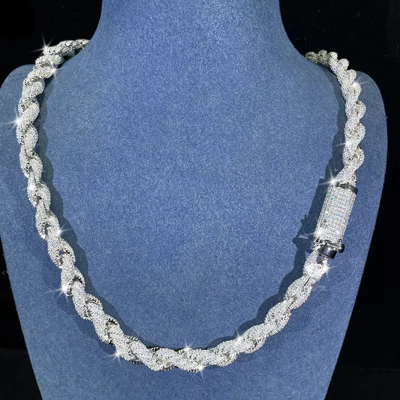 Hip Hop Custom Iced Out Sterg Sier Vvs Moissanite White Gold Plated Rope Chain Tennis Chains Jewelry Unisex Dia Necklace