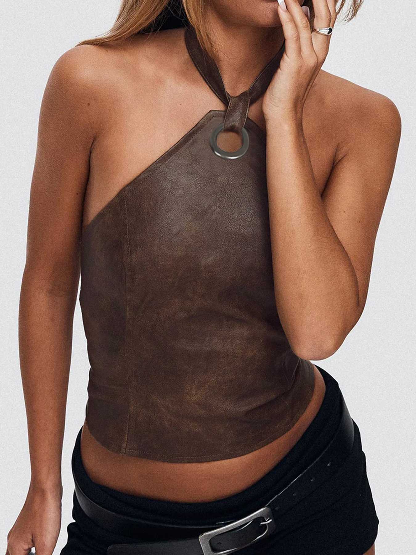 Cuteandpsycho leather backless bow sexy camisole top retro Harajuku punk streetwear Camisol bodysuit summer aesthetic setXJ250508