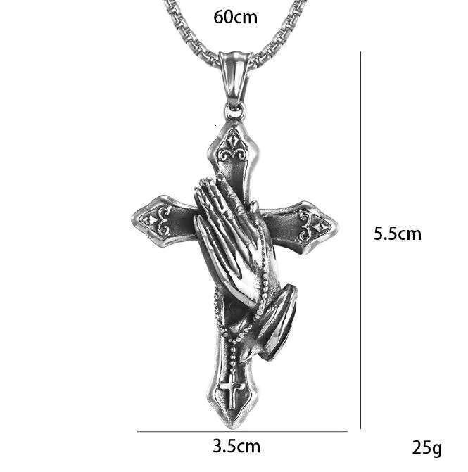 Stainless Steel Cross Necklace with Praying Hands Pendant Chain Retro Style for Men