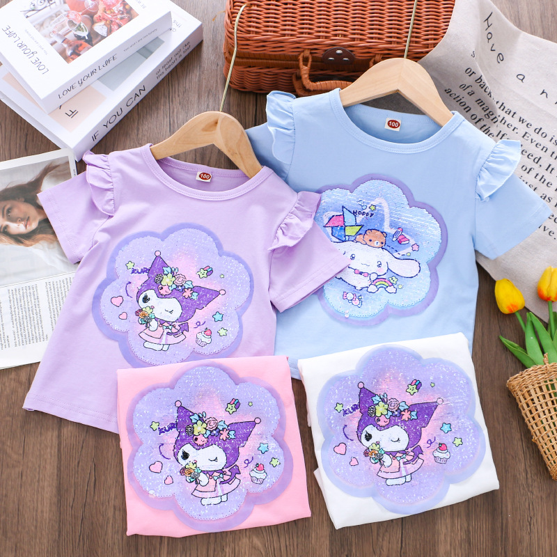 DISNEY Frozen Princess Elsa kids designer clothes Girl summer short-sleeved T-shirt double-sided color-changing sequins children thin cotton top.