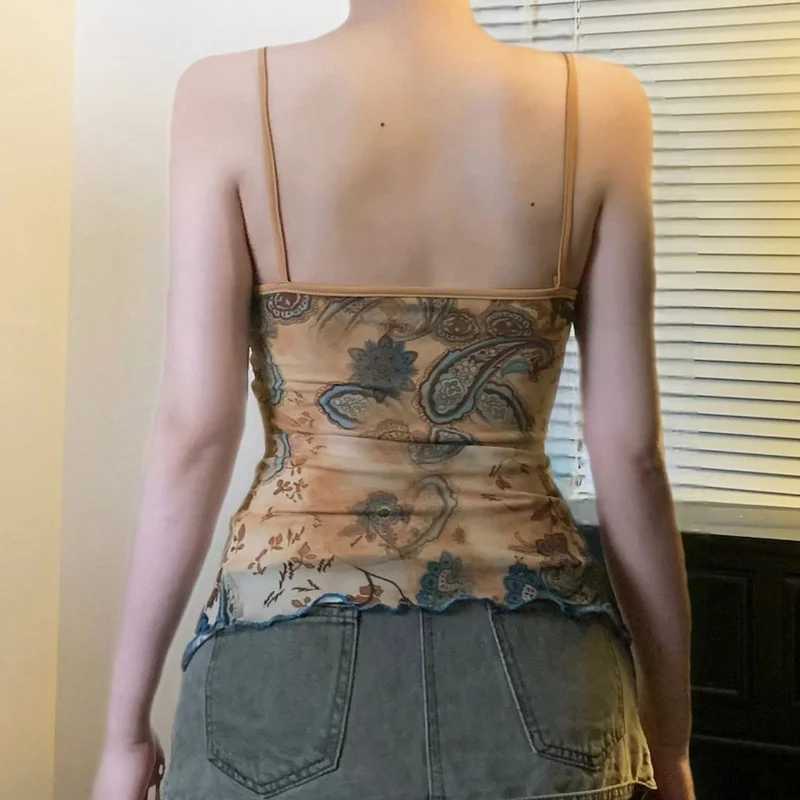 Retro womens summer contrasting print spaghetti strap irregular pleated vest sexy ultra-thin backless lace patch work vest topXJ250508