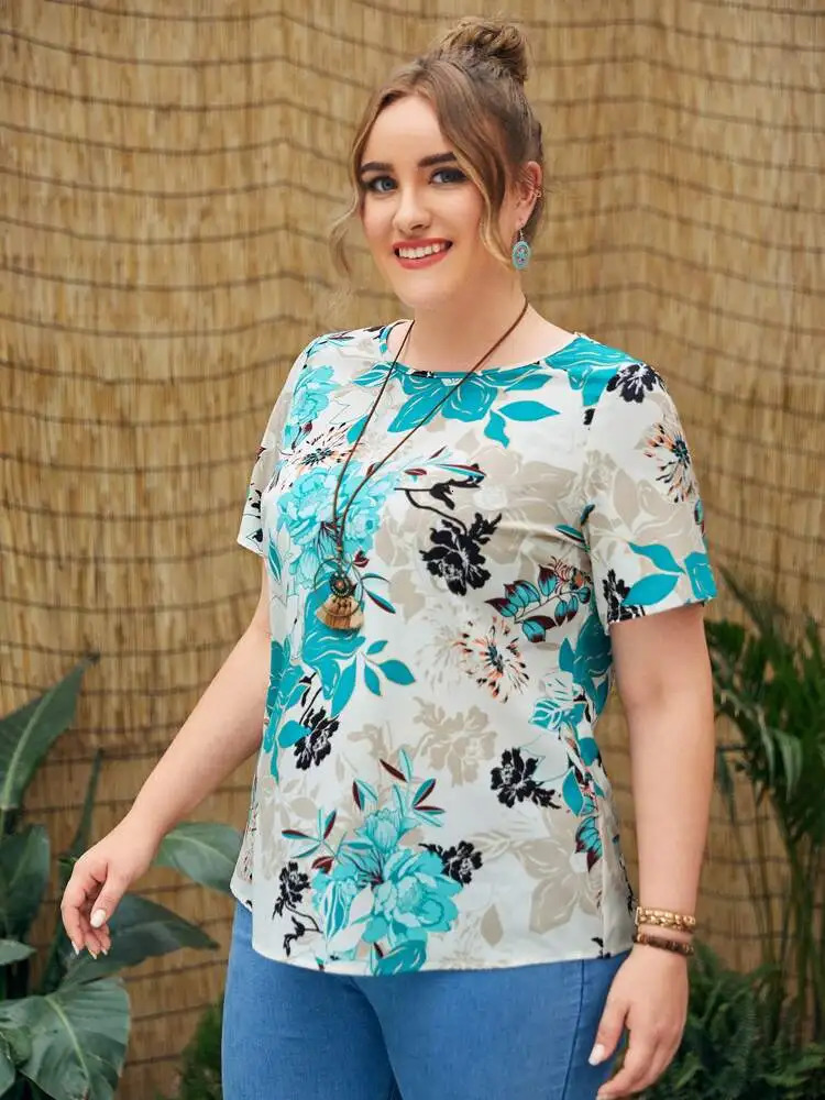 2024 SpringSummer Womens Plus Size Fashionable Printed Round Neck Tshirt 250430