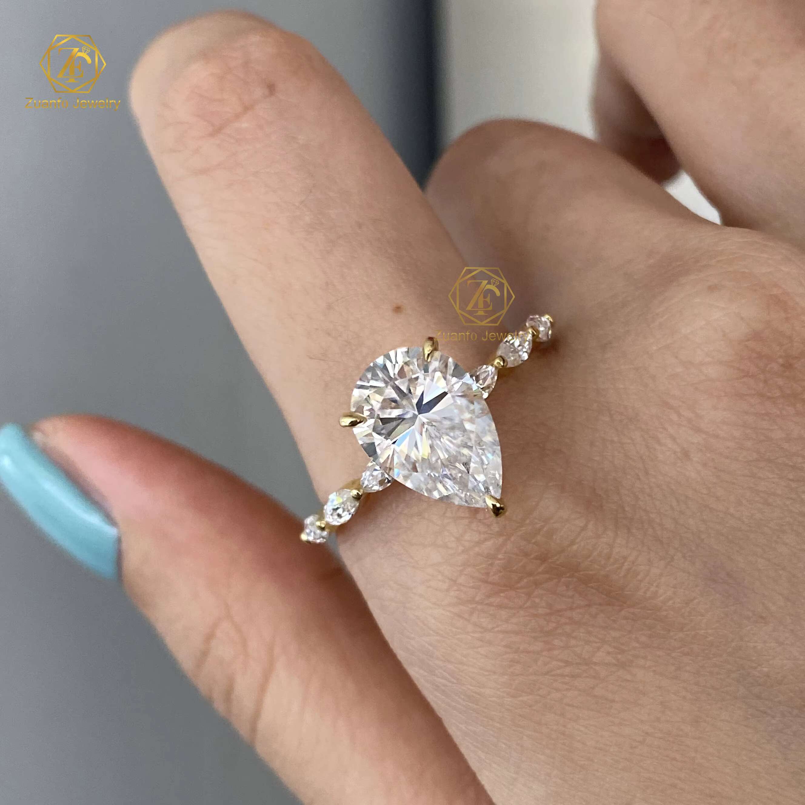 Wholesale 10K 14K 18K Solid Gold Vvs Moissanite Engagement Rings Women 925 Silver Diamond Pear Cut Gold Ring