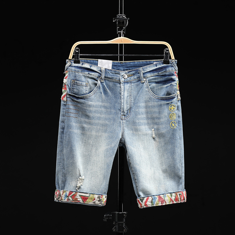 The 2025 New Design Style Of Jeans Features A Unique Patchwork And Color-blocking Look For A Handsome Five-inch Pants And Short Medium-length Pants