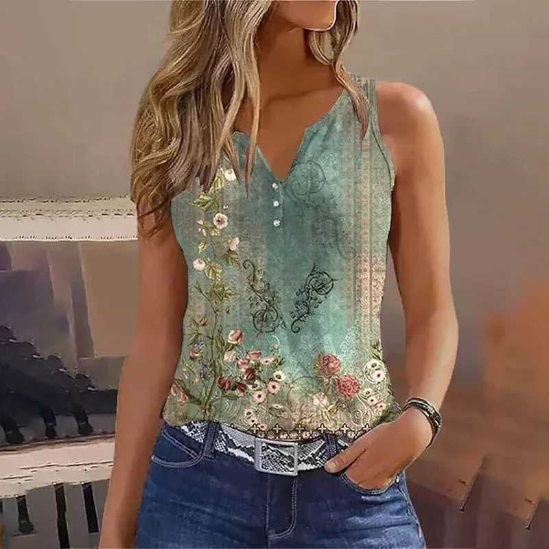 2024 New Casual Small Vest T-shirt Suspenders Woman Clothes Fashion V-neck Painted Grace Top Ladies Tank Top Camisole for SummerXJ250508