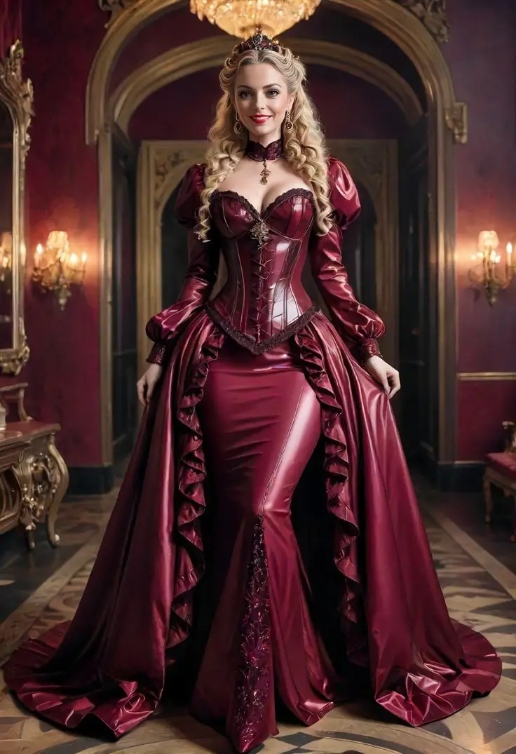 Vintage Victorian Prom Dresses Shiny Burgundy PU Leather Mermaid Evening Gown Long Sleeves Corset Detachable Overskirt Elegant Medieval Special Occasi