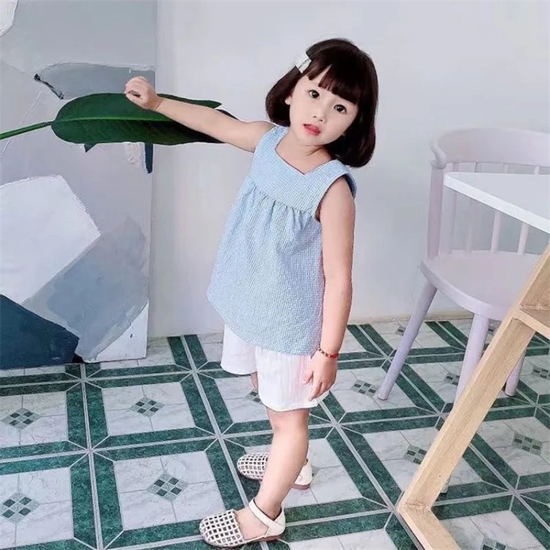 Girls Clothes Sets Summer Kids Casual Clothing for Girls Checked StrapsWhite Shorts Childrens Baby Girl Outfit 250508