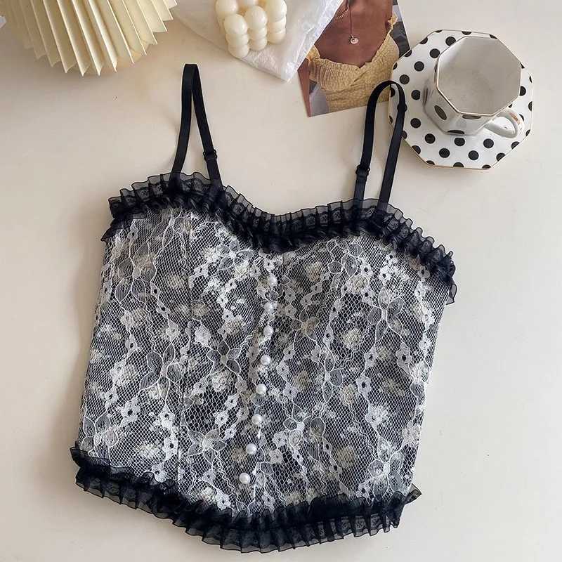 Summer Print Lace Crop Tops Womens Cropped Aesthetic Vest Y2K Corset Tank Top Camisole Vintage Tanks Camis Fashion StreetwearXJ250508