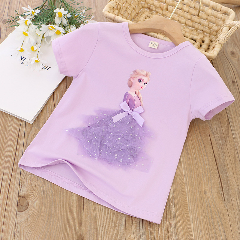 DISNEY Frozen Princess Elsa Girl's T-shirt Princess print design holiday outfit soft and comfortable Little girl's top with label-free desig