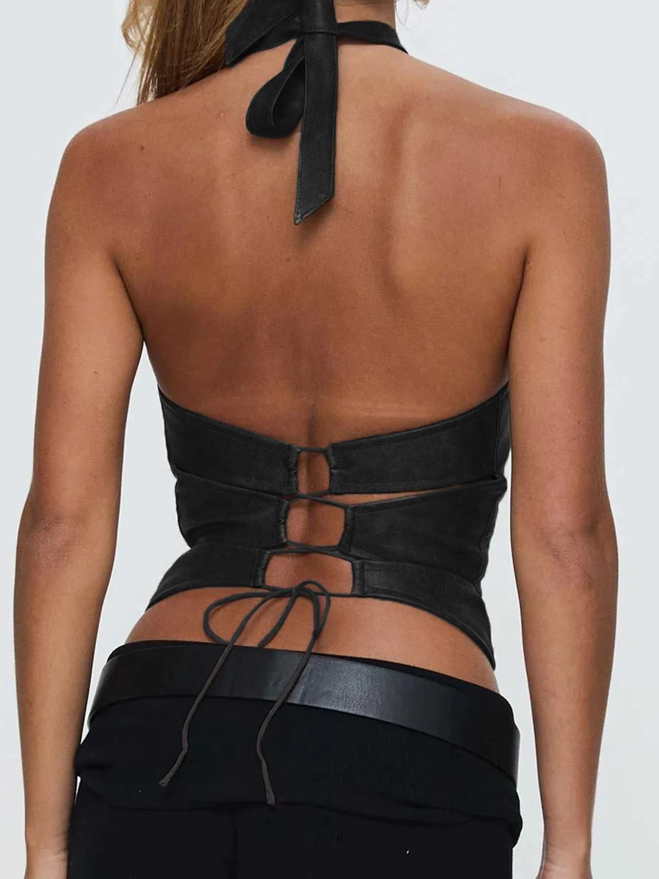 Cuteandpsycho leather backless bow sexy camisole top retro Harajuku punk streetwear Camisol bodysuit summer aesthetic setXJ250508
