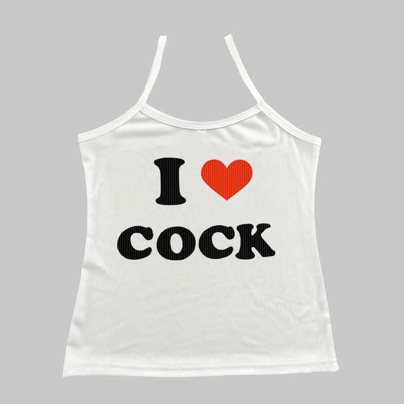 Sexy I Love Cock Letter Print Graphic Y2k Sleeveless Crop Top Street Clothing Summer Fitness Sports Tank Top White Korean Tank TopXJ250508