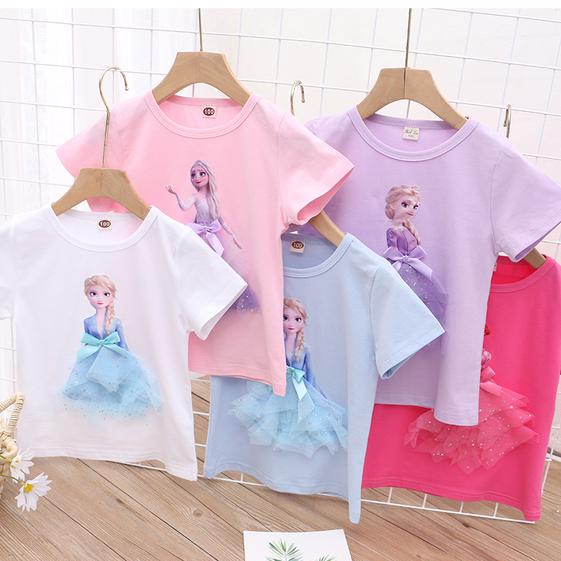 DISNEY Frozen Princess Elsa kids designer clothes toddler designer clothes Children's summer girl short-sleeved T-shirt Comfortable fabric.