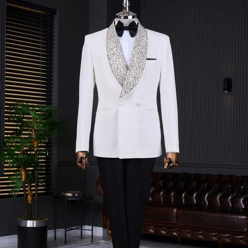 Luxury White Men Wedding Suits Peaked Lapel With Beaded Placket Ribbon Tuxedos Groom Party 2 Pieces Blazer Pants Customized Suit(Coat+Pants)