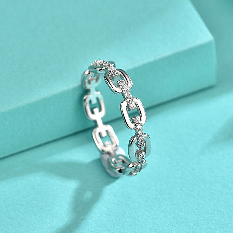 925 Sterling Silver Hollow Geometric Ring with Diamonds, Non-Tarnish, Chain Design, Trendy Women's Jewelry - European & Instagram Style