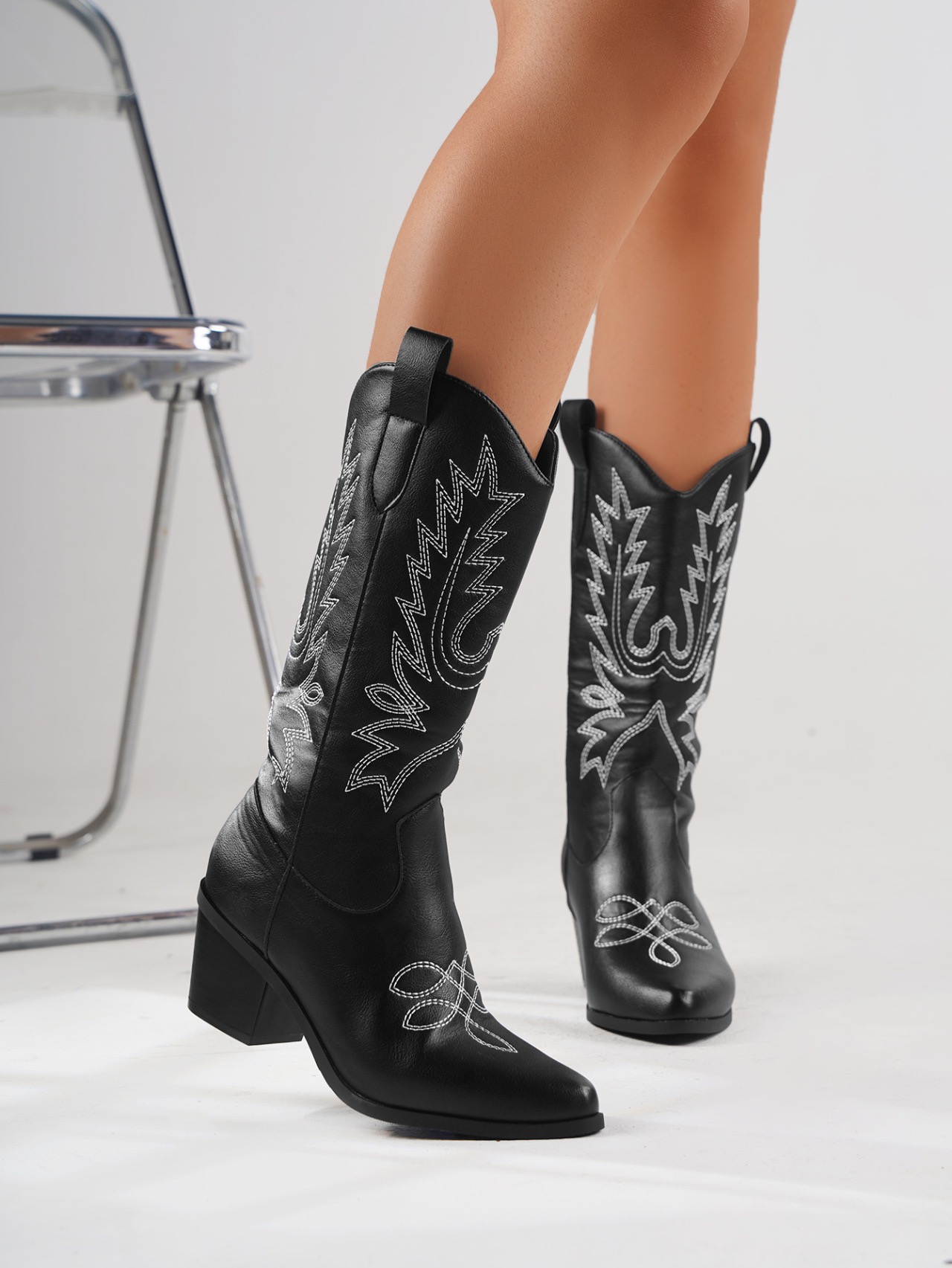 CHMURY 2024 Rhinestone Nashville hot Western cowboy black sier knee high cowgirl boots for women