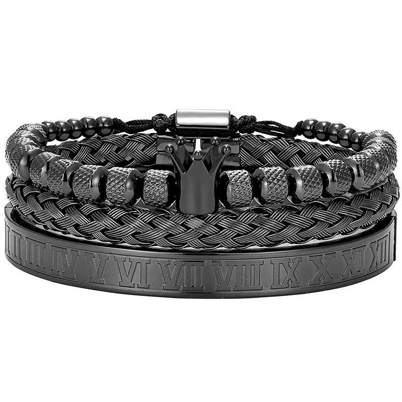 3Pcs Vintage Diamond-free Crown Woven Bracelet with Roman Letter Stainless Steel Mesh Opening Hand Chain