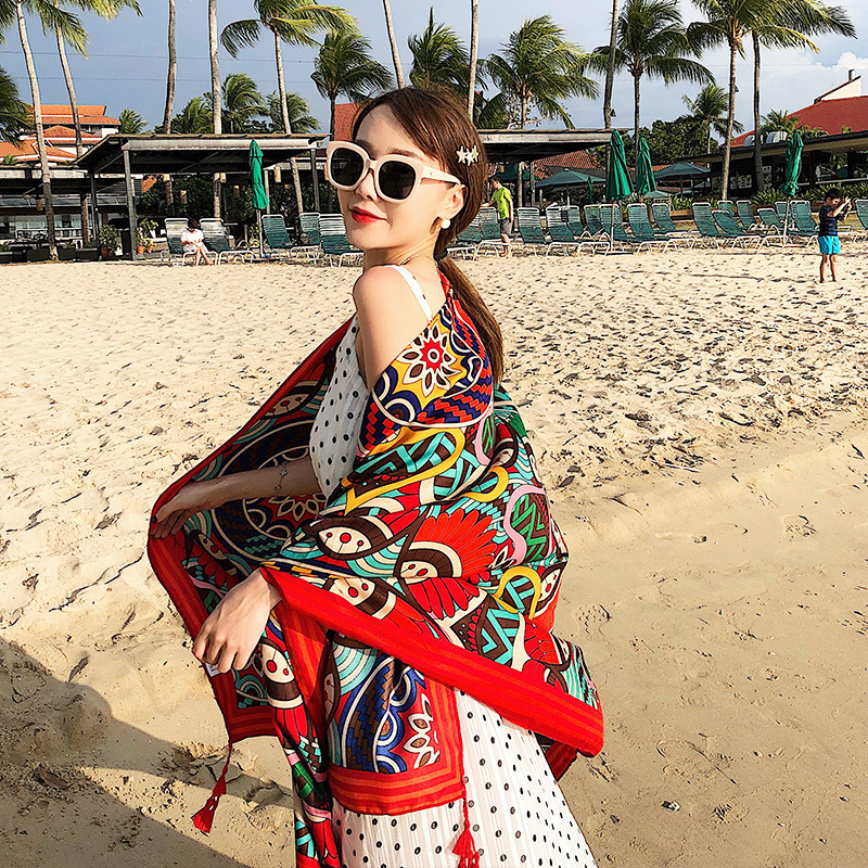 K668 Cross-border summer ethnic style shawl outerwear beach towel women 2024 new travel sunscreen silk scarf tassel long scarf